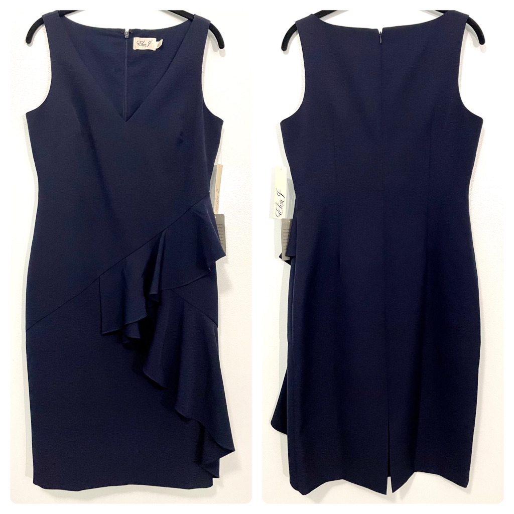 Eliza J Navy V Neck Sheath Dress Ruffle Nwt Size 8